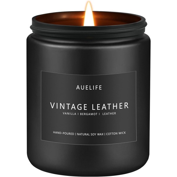 Vintage Leather Candle | Men Candles, Soy Candle for Home Scented - Man Scented Candles for Home, Men Gifts for Him - 7oz Black Jar Gifts for Friends