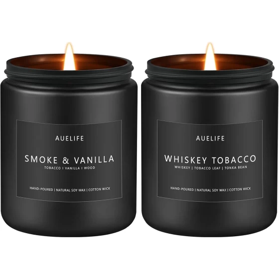 2 Pack Candle | Smoke & Vanilla + Whiskey Tobacco - Candles for Men - Masculine Candle, Soy Candle for Home Scented - Gifts for Men, Home Fragrance Decoration - Each of 7oz Candle