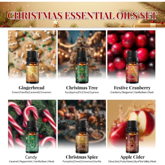 Winter Essential Oil Set, Essential Oils for Diffusers for Home, Fragrance Oil Gift Set | Gingerbread, Candy, Christmas Tree, Spice, Cranberry, Apple Cider | Aromatherapy, Candle & Soap Making