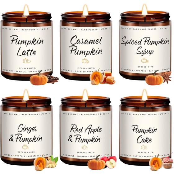 Auelife Scented Candles - Pumpkin Candle Set of 6 | Ginger, Apple, Cake, Caramel, Latte & Spiced Pumpkin Soy Candles | Holiday Candle for Home Décor & Gifts for Women, Cozy Holiday Aromatherapy