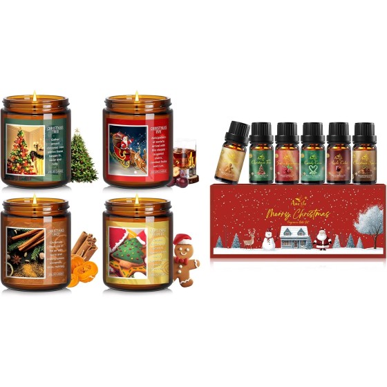 Christmas Gifts Set with Xmas Candles & Christmas Essential Oils Set for Women & Men, Holiday Candle Gifts, Soy Candles Home Scented, Essential Oils for Diffusers for Home