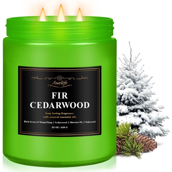 Auelife Winter Candles, Fir & Cedarwood Scented Candle – 22oz Large 3-Wick Soy Candles, Long Lasting Aromatherapy, Woodsy Christmas Candle, Holiday Gift for Women & Men