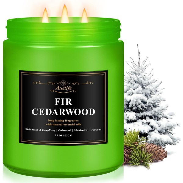 Auelife Winter Candles, Fir & Cedarwood Scented Candle – 22oz Large 3-Wick Soy Candles, Long Lasting Aromatherapy, Woodsy Christmas Candle, Holiday Gift for Women & Men