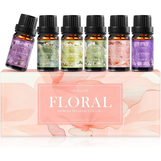 Auelife Floral Essential Oils Set - Mother's Day & Birthsday Gift, 6x10ml Rose, Jasmine, Lavender, Gardenia Pure Fragrance Oils for Diffuser, Candle Making, DIY Bath Bomb, Romantic Home Aromatherapy