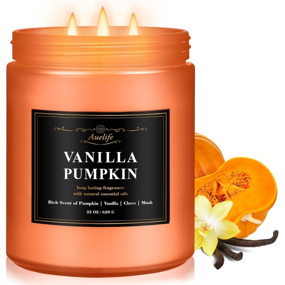 Auelife Scented Candle, Vanilla Pumpkin Candles – 22oz Large 3-Wick Holiday Soy Candle, Long Lasting Winter Candles for Home Décor, Thanksgiving & Holiday Gift for Women & Men