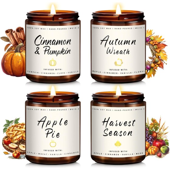 Auelife Fall Candle Set | 4 Pack Scented Candles for Home - Candle Gifts for Women Men, Soy Candles Home Scented | Autumn Fragrance of - Apple Pie/Cinnamon/Harvest/Wreath