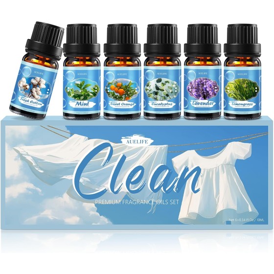 Clean Essential Oils Set for Diffuser & Candle Making | 6 Pack Premium Aromatherapy Oils Gift Set - Lavender, Eucalyptus, Mint, Sweet Orange, Lemongrass, Clean Cotton for Home