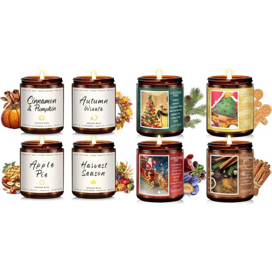 Fall Candle Set + Christmas Candle Set, 4Pack Scented Candle, Soy Candles, Fall Gifts, Holiday Candle Gifts,Christmas Gift for Women and Men