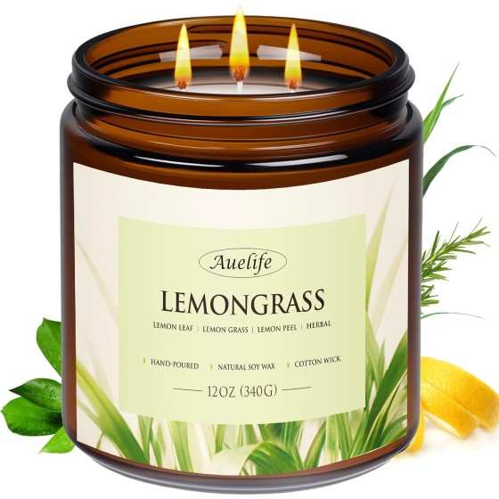 Lemongrass Scented Candle | 3-Wick Jar Candle - 12oz Natural Soy Wax - Citronella Scent for Indoor Outdoor Use, Long Lasting Aromatherapy Gifts for Fathers Day, Summer, 50+ Hour Burn