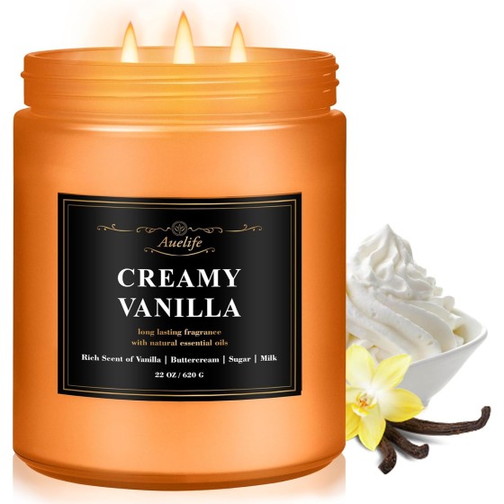 Auelife Creamy Vanilla Scented Candle – 22oz Large 3-Wick Christmas Soy Candle, Sweet Long Lasting Winter Candles for Home, Cozy Candles Gifts for Women & Men