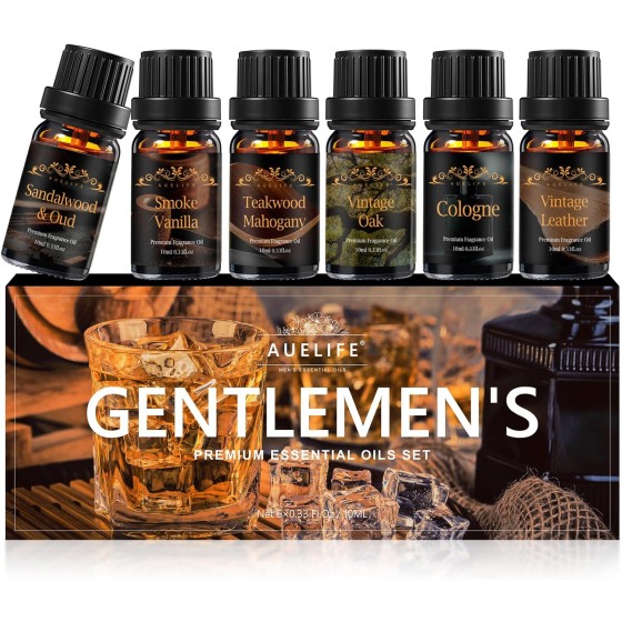 Men Essential Oils Set for Diffuser, Father's Day Gift for Men - 6x10ml Masculine Fragrance Oils for Candle Making, Scented Oil Gift Set, Mahogany, Sandalwood, Cologne, Smoke Vanilla, Oak, Leather