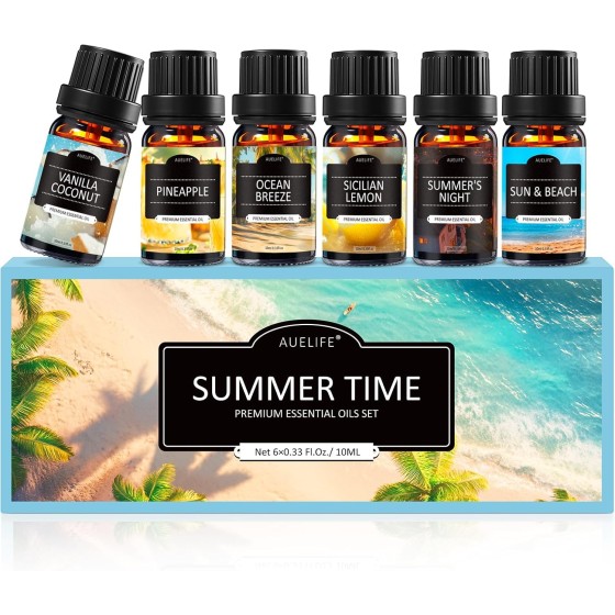 Summer Essential Oils for Diffusers for Home, 6X10ml Fragrance Oils Set, Aromatherapy Oils for Candles Making - Coconut, Pineapple, Beach, Breeze, Lemon, Summer Night | Gift Set for Women, Home, Spa