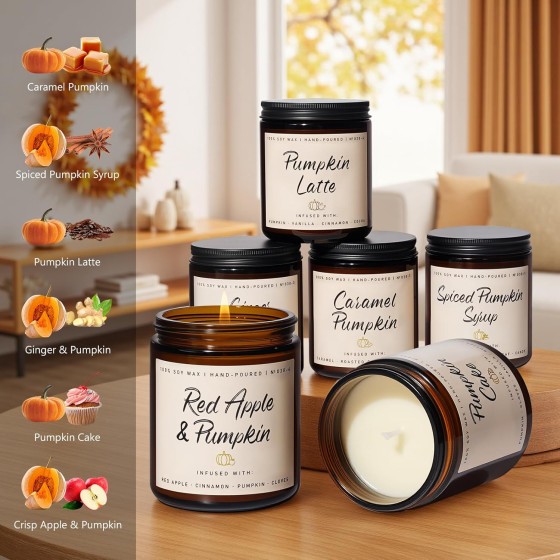 Auelife Scented Candles - Pumpkin Candle Set of 6 | Ginger, Apple, Cake, Caramel, Latte & Spiced Pumpkin Soy Candles | Holiday Candle for Home Décor & Gifts for Women, Cozy Holiday Aromatherapy