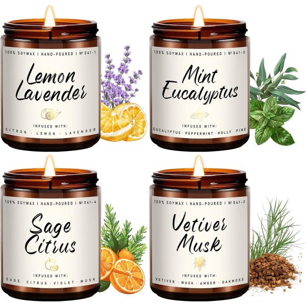Scented Candles Set | Scented Candle for Home - 4 Pack Candle Gifts, Soy Candles for Home - Aromatherapy Gift of Mint Eucalyptus/Lemon Lavender/Sage Citrus/Vetiver Musk