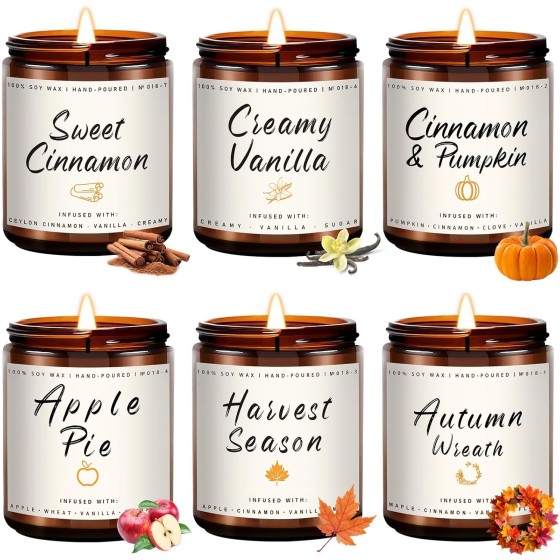 Auelife Scented Candles, 6 Pack Winter Candle Set, 42 oz Holiday Soy Candles, Candle Gifts Set for Men and Women, Home Decor of Wreath/Apple/Latte/Harvest/Vanilla/Cinnamon