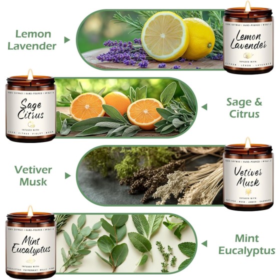 Scented Candles Set | Scented Candle for Home - 4 Pack Candle Gifts, Soy Candles for Home - Aromatherapy Gift of Mint Eucalyptus/Lemon Lavender/Sage Citrus/Vetiver Musk
