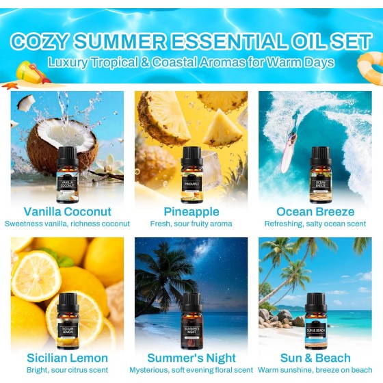 Summer Essential Oils for Diffusers for Home, 6X10ml Fragrance Oils Set, Aromatherapy Oils for Candles Making - Coconut, Pineapple, Beach, Breeze, Lemon, Summer Night | Gift Set for Women, Home, Spa