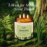 Lemongrass Scented Candle | 3-Wick Jar Candle - 12oz Natural Soy Wax - Citronella Scent for Indoor Outdoor Use, Long Lasting Aromatherapy Gifts for Fathers Day, Summer, 50+ Hour Burn