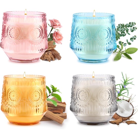 4 Pack Luxury Scented Candles Gift Set - 7oz Soy Wax Candles in Glass Jars, Gifts for Women - Vanilla Coconut, Eucalyptus Sage, Rose Oud, Sandalwood Patchouli