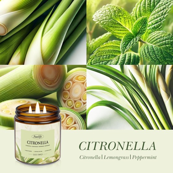 Auelife Scented Candles, 12oz Large 3-Wick Candle for Home Patio Camping & Garden, Natural Soy Wax Citronella Candle for Summer Gift, Long Lasting for Indoor Home Scented, 50+ Hour Burn