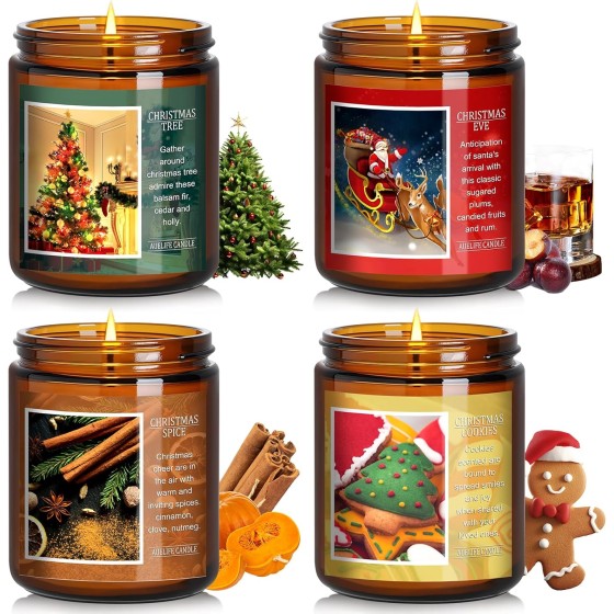 Christmas Candle Set | 4Pack Scented Candles Holiday Candle Gifts - Soy Candles Home Scented, Xmas Gift for Women and Men - Scents of Christmas Tree/Spice/Cookies/EVE