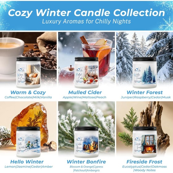 Winter Candle Set | 6 Pack Christmas Scented Candles for Home - Holiday Soy Candle Gift Set for Women Men, Aromatherapy Candles Scents of Hello Winter/Forest/Cider/Warm/Fireside/Bonfire