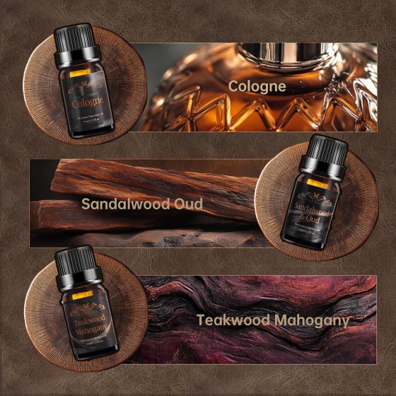 Men Essential Oils Set for Diffuser, Father's Day Gift for Men - 6x10ml Masculine Fragrance Oils for Candle Making, Scented Oil Gift Set, Mahogany, Sandalwood, Cologne, Smoke Vanilla, Oak, Leather