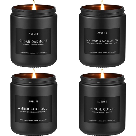 Scented Candles Set | Men Candle Set, Scented Candles for Home, Gifts for Men Aromatherapy Gift Set - 4 Pack Manly Gifts Soy Candle of Leather/Smoke & Vanilla/Oak/Lavender