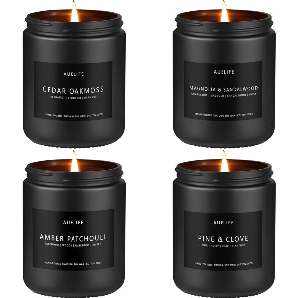 Scented Candles Set | Men Candle Set, Scented Candles for Home, Gifts for Men Aromatherapy Gift Set - 4 Pack Manly Gifts Soy Candle of Leather/Smoke & Vanilla/Oak/Lavender