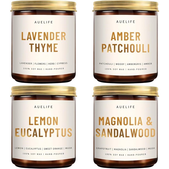 4 Pack Scented Candles Set | Scented Candles for Home, Candle Gifts for Women Men, Soy Candles for Home Scented - Candles Scent of Amber Patchouli/Lemon Eucalyptus/Lavender Thyme/Sandalwood